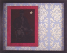 Leatherman in red frame against purple tapestry, all in black frame.