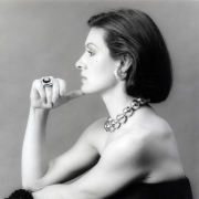 Portrait of Paloma Picasso in profile.