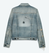 Distressed denim jacket with a photograph of a tulip with a long stem on the back.