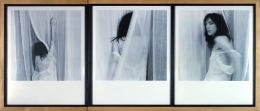 A triptych of Patti Smith in motion walking through white curtains in a light wood frame.
