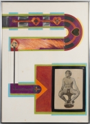 Collage of colored geometric drawing and a photograph of a nude man.