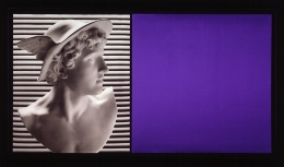 A black frame half containing an image of a marble bust of Roman god Mercury in front of a black and white striped background and half containing a purple background.