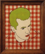 Drawing of person in 3/4 on gingham background, framed.