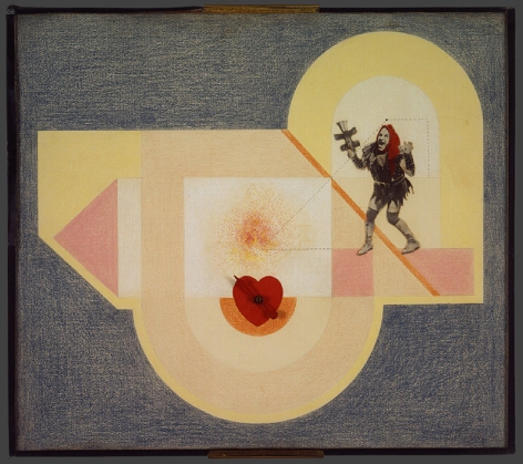 Mixed media collage with a heart and spinner in  center and joker figure to the right, geometric shapes against blue background.
