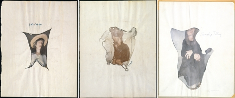 A triptych of David Croland, Patti Smith, and Sandy Daley. The photographic print of each person is distorted against their white paper backgrounds.