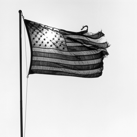 Tattered American flag flying.