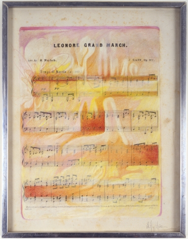 Sheet music drawn over in red, yellow and pink.