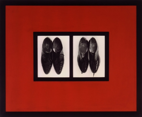 Two side-by-side pictures of black patent leather mens dress shoes with black borders and framed in a black frame with a red mat.
