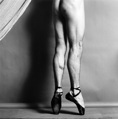 Nude dancer from the waist down except for pointe shoes, facing away from camera.