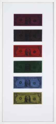 Dollar bills of varying colors in a white frame.