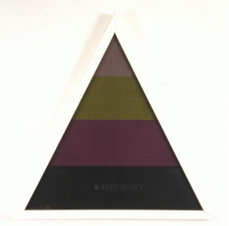 A white triangular frame with four striated bands colored mauve, green, purple, and black inside.