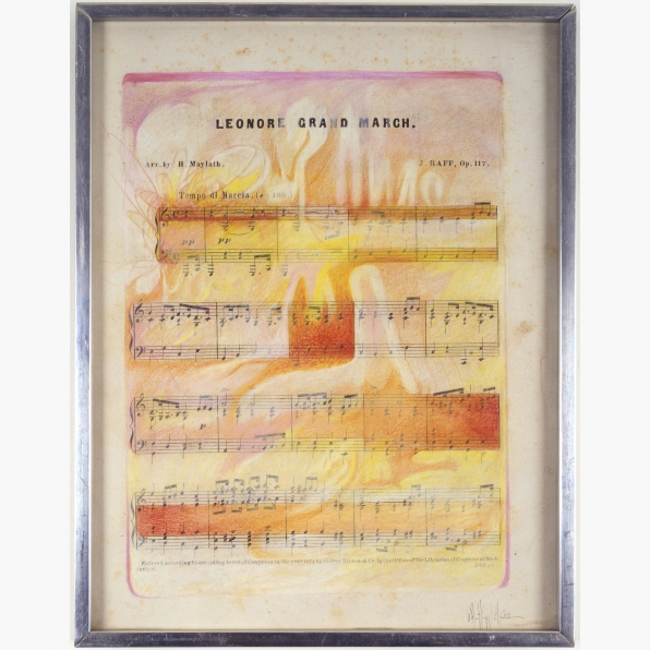 Sheet music drawn over pink, red and yellow.