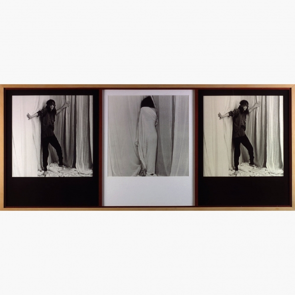 Unique triptych of Patti Smith images from the film still moving, presented against alternating black and white backgrounds mounted together in a wooden frame.