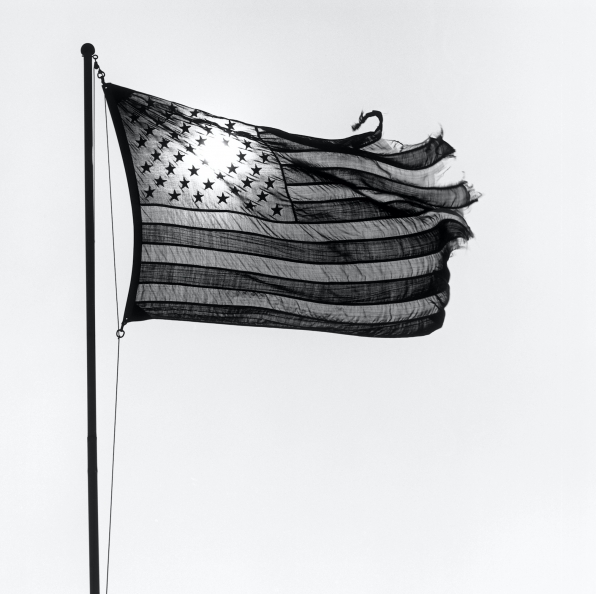 Backlit, tattered American flag flying in the wind.