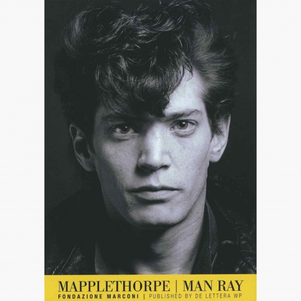 Selt-Portrait of Robert Mapplethorpe, with yellow band at the bottom of the page, and black text.