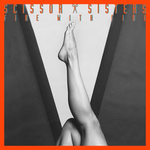 Album cover for The Scissor Sisters Fire with Fire,  Lisa Lyon's leg pointed against a geometric background, red text on black and white image and a red border at the edge.