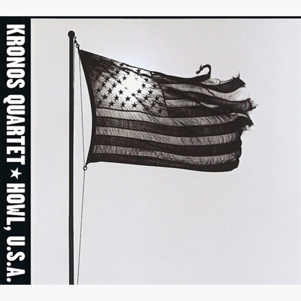 Album cover for Kronos Quartet Howl, U.S.A. Tattered flag, back-lit, blowing in the wind.